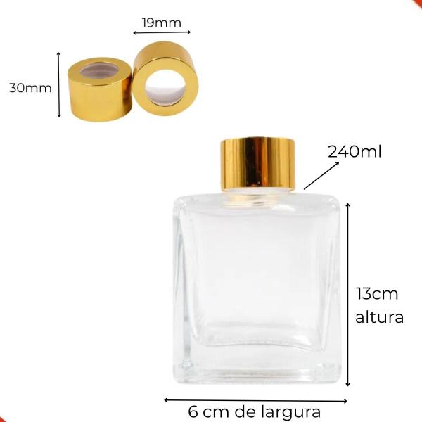 Imagem de Kit 10 Frasco De Vidro Para Aromatizador Quadrado 240ml Com Tampa Dourada E 50 Varetas