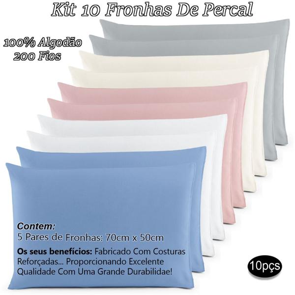Kit 10 Fronhas ( 5 Pares ) 100% Algodão 200 Fios Em Percal Travesseiro - Actual Decor Imagem de Kit 10 Fronhas ( 5 Pares ) 100% Algodão 200 Fios Em Percal Travesseiro