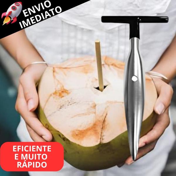 Imagem de Kit 10 Fura Coco Abridor Manual Em Inox Profissional Rápido e Prático Fura Abre Cabo Emborrachado