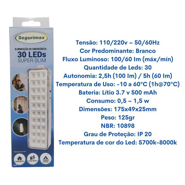 Imagem de Kit 10 Iluminação Luminaria de Emergencia 30 Leds Super Slim Segurimax