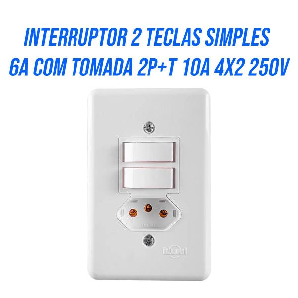 Imagem de Kit 10 interruptor 2 tecla simples 6A Com tomada 10A 2 Pino + Terra 250V Ilumi