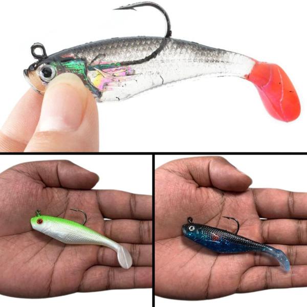 Imagem de Kit 10 Iscas Artificiais 6 seguimentos + isca soft shad luxo