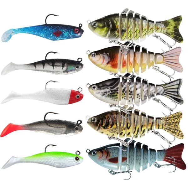 Imagem de Kit 10 Iscas Artificiais 6 seguimentos + isca soft shad