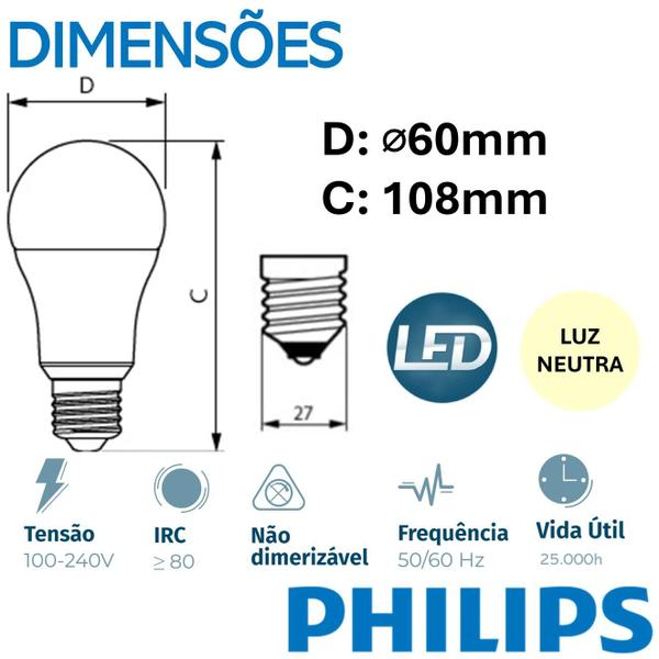 Imagem de Kit 10 Lampada Led Bulbo Philips 9w Branco Neutro 4000K E27