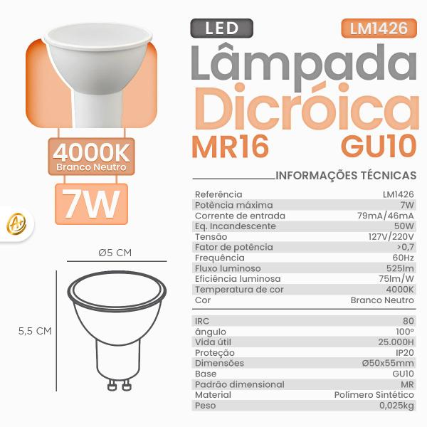 Imagem de Kit 10 Lâmpada Led Dicróica Gu10 MR16 7W Bivolt 2700K / 4000K / 6000K Luminatti