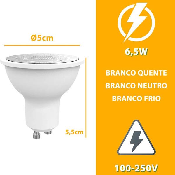 Imagem de Kit 10 Lâmpada Led Dicróica MR16 GU10 Foco Fixo Bivolt 6,5W