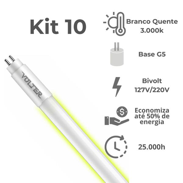 Imagem de Kit 10 Lâmpada Led Tubular Volter 9w T5 55cm G5 bivolt branco quente 3000k 950lm