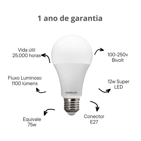 Imagem de Kit 10 Lâmpadas Led 12w Empalux Bulbo E27 Residencial Bivolt 1.100lm Branco Quente 3000K Luz Amarela