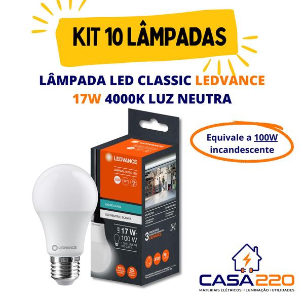 Imagem de Kit 10 Lâmpadas Led 17W E27 4.000K Luz Neutra Bivolt Ledvance