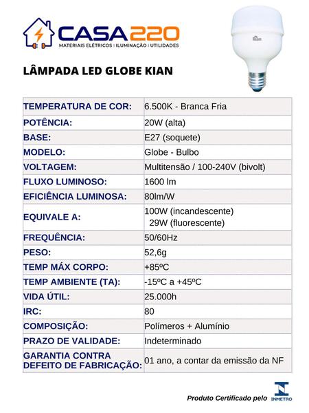 Imagem de Kit 10 Lâmpadas Led 20W E27 6500K Branca Fria Bivolt Kian