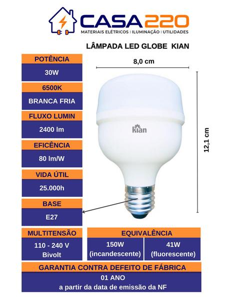 Imagem de Kit 10 Lâmpadas Led 30W E27 6500K Branca Fria Bivolt Kian