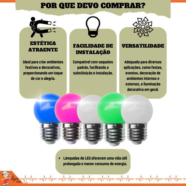 Imagem de Kit 10 Lâmpadas Led 3W Bolinha Decorativa 127V E Soquete E27