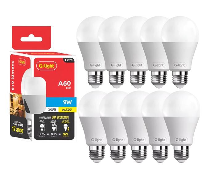 Kit 10 Lâmpadas Led Bulbo 9w E27 Branco Frio Inmetro G-Light Imagem de Kit 10 Lâmpadas Led Bulbo 9w E27 Branco Frio Inmetro G-Light