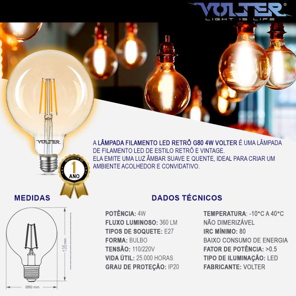 Kit 10 Lâmpadas led filamento retro E27 G80 4w 360lm biv 2200k Volter Imagem de Kit 10 Lâmpadas led filamento retro E27 G80 4w 360lm biv 2200k Volter