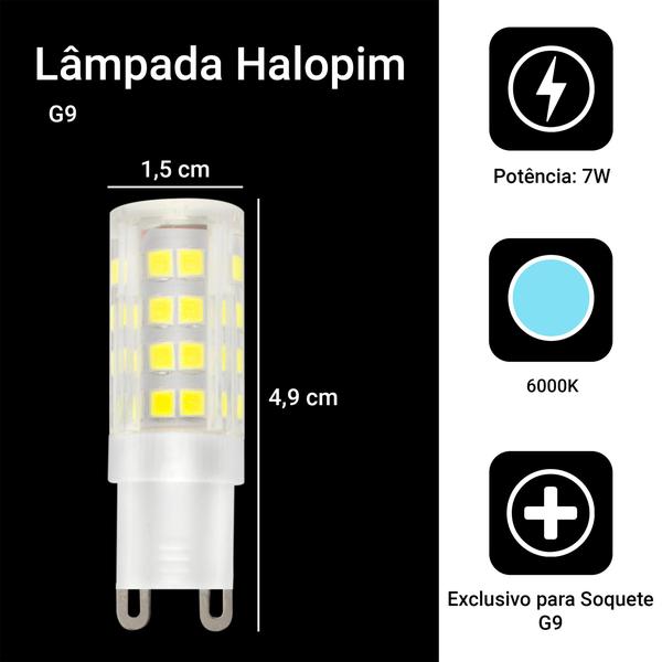 Imagem de Kit 10 Lâmpadas Led G9 Halopim 7w Bivolt Luz Branco Frio 6000k