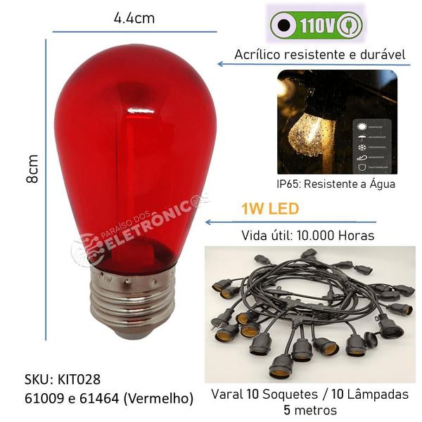 Imagem de Kit 10 Lâmpadas Led Retrô Vermelho + 1 Varal 5mts Criativa E Encantadora KIT028