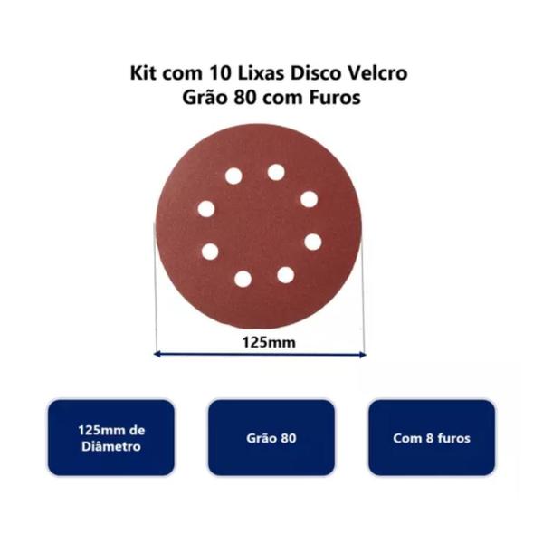 Imagem de Kit 10 Lixa Com tiras autocolantes 125mm Esmerilhadeira Grão 180 C/ Furos