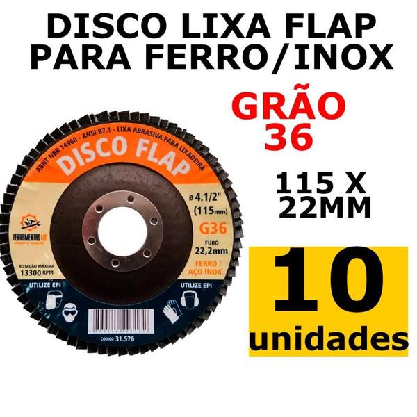 Imagem de KIT 10 LIXA FLAP DISC Esmerilhadeira 115X22mm Grão 36 LDI