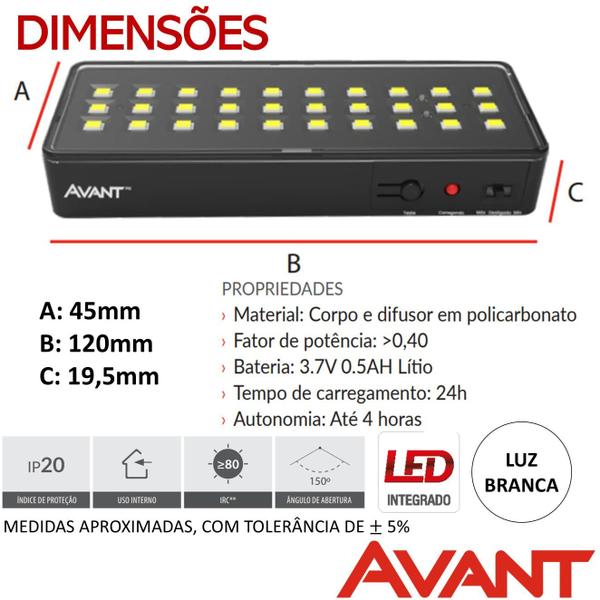 Imagem de Kit 10 Luminaria Luz Emergencia Barra Preta 1w 6000K 30 Leds Bivolt