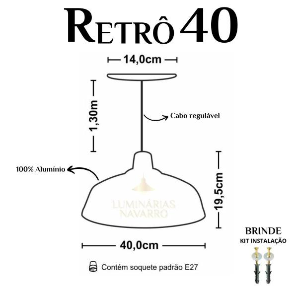 Imagem de Kit 10 Luminária Pendente Retro 40cm Interior Laranja Com Fiação 110/220v