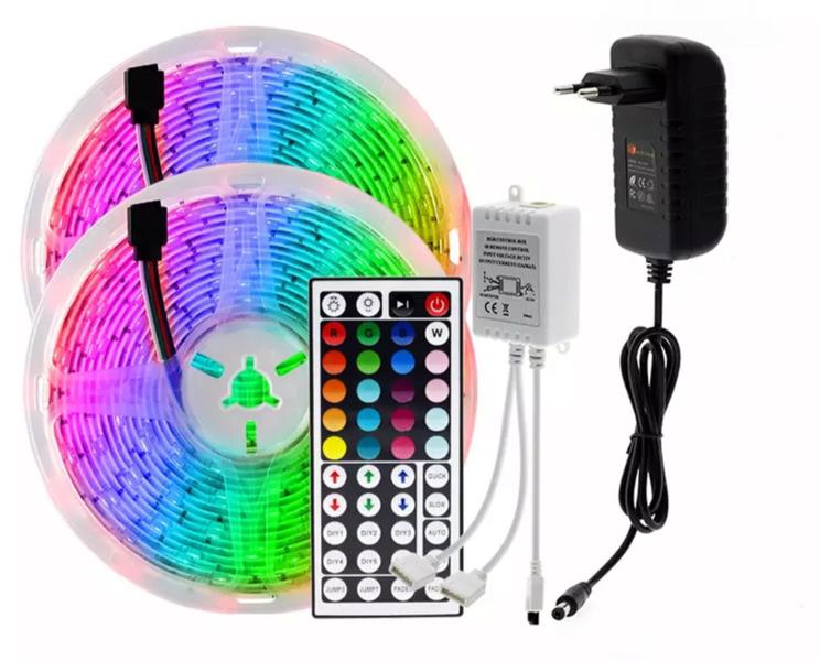 Imagem de KIT 10 Metros Fita LED 5050 RGB Colorida 30 LED's 12V IP20 Controle 44 teclas Função DIY + Fonte