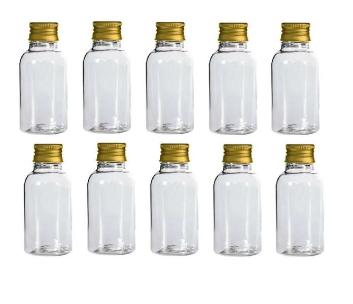 Imagem de Kit 10 Mini Garrafinhas Plástico 10Ml Tampas Metal Dourada