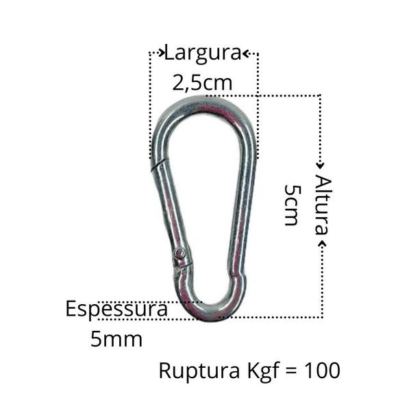 Imagem de Kit 10 Mosquetão Essencial Segurança Galvanizado Esporte Trabalho 5x50mm 100 kg