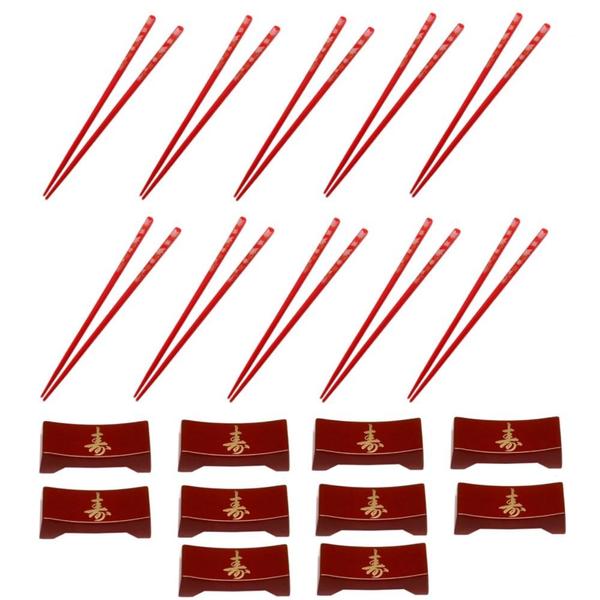 Imagem de Kit 10 Pares de Hashi para Comida Japonesa 22cm + 10 Hashioki Descanso Vermelho  Nihon Shikko 