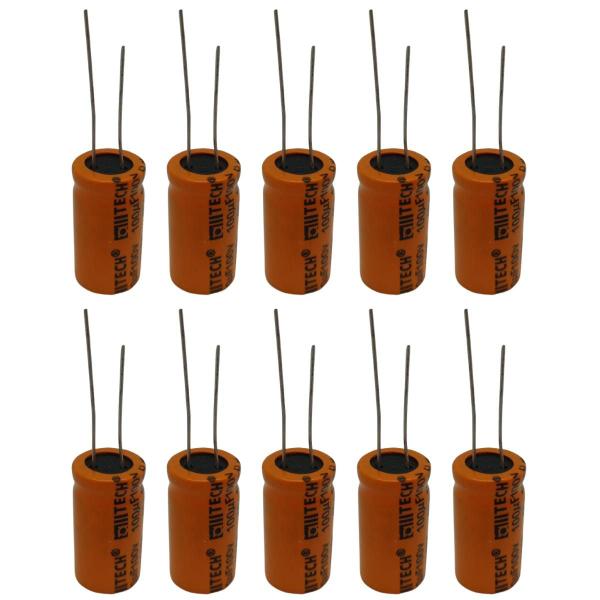 Imagem de Kit 10 Peças Capacitor Eletrolitico 100UF X 100V 105 Bipolar