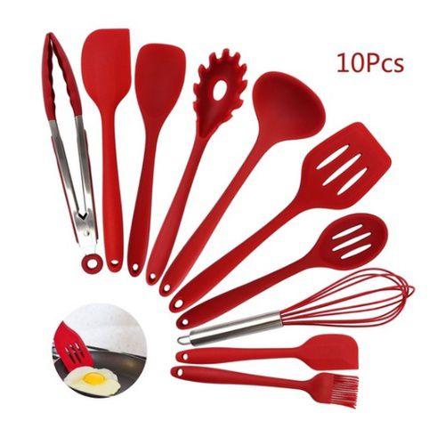 Imagem de Kit 10 Peças Colheres De Silicone Cabo Inox Utensílios Cozinha