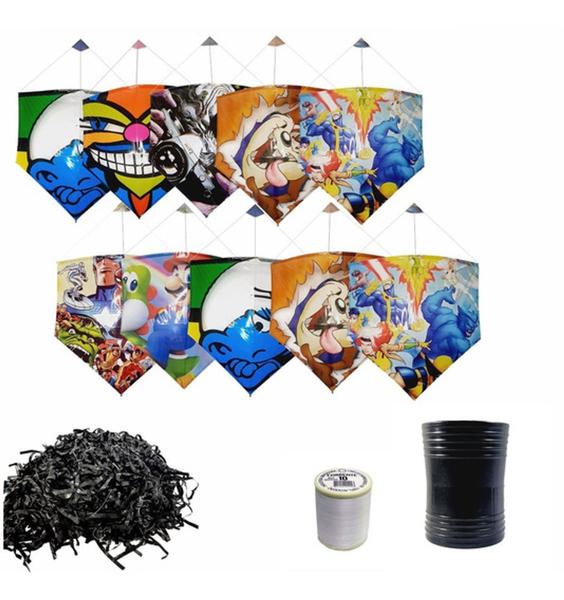 kit 10 pipas c/estirante e rabiola 1 lata com 500jds de linha enrolada - galego Imagem de kit 10 pipas c/estirante e rabiola 1 lata com 500jds de linha enrolada