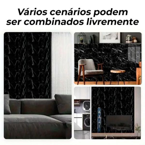 Imagem de Kit 10 Placas Autocolante Revestimento Mármore Preto Brilhoso Parede 3D Adesivo Vinílico 60x30