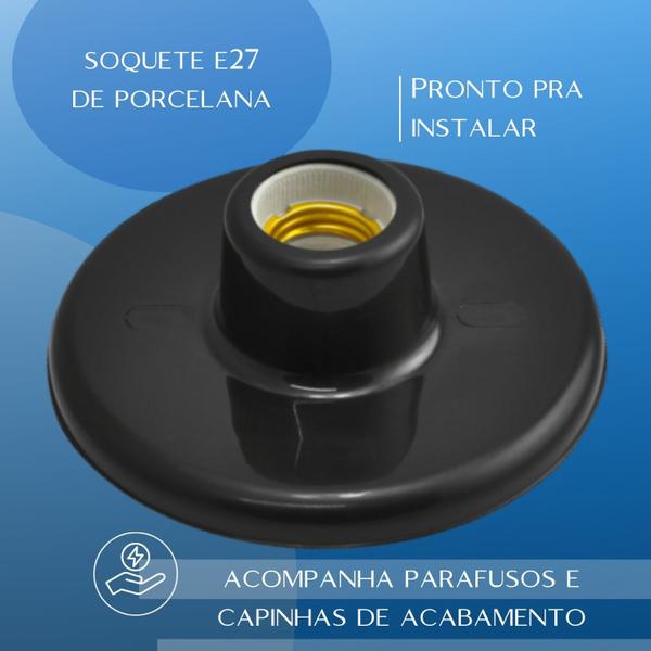 Imagem de Kit 10 Plafon Plafonier De Teto Soquete Bocal E27 Porcelana Decorativo Preto Para Quarto Sala Cozinha Banheiro Bivolt