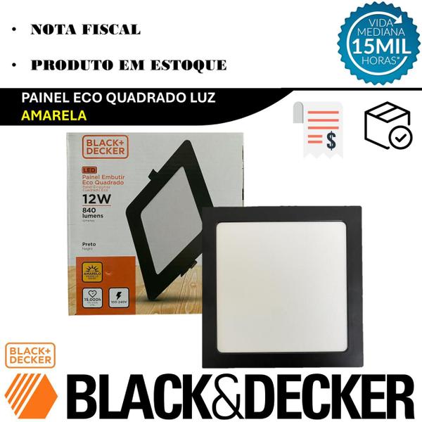 Imagem de Kit 10 Plafon Quadrado Embutir 12w Preto Branco Quente 3000K