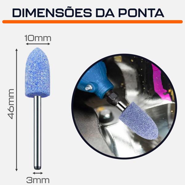 Imagem de Kit 10 Pontas Montadas 4 a 10mm Cônica Haste 3mm Rebolo Azul