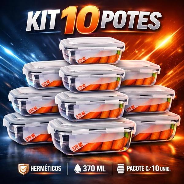 Kit 10 Pote Hermético de Vidro Retangular 370ml