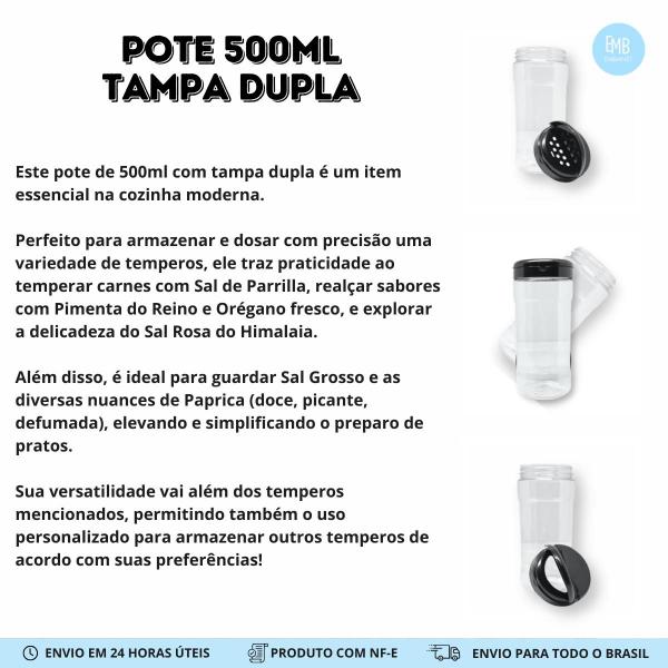 Imagem de Kit 10 Potes de Sal Transparente Com Tampa Preta P Sal 500g