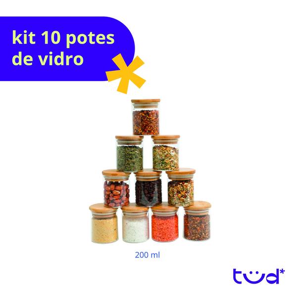 Imagem de Kit 10 Potes De Vidro 200Ml Tampa De Bambu Herméticos Redond