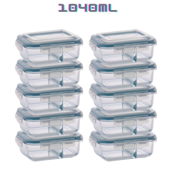 Kit 10 Potes de Vidro com Divisória Marmita 4 Travas 1040ml - QUALITY-HOUSE Imagem de Kit 10 Potes de Vidro com Divisória Marmita 4 Travas 1040ml