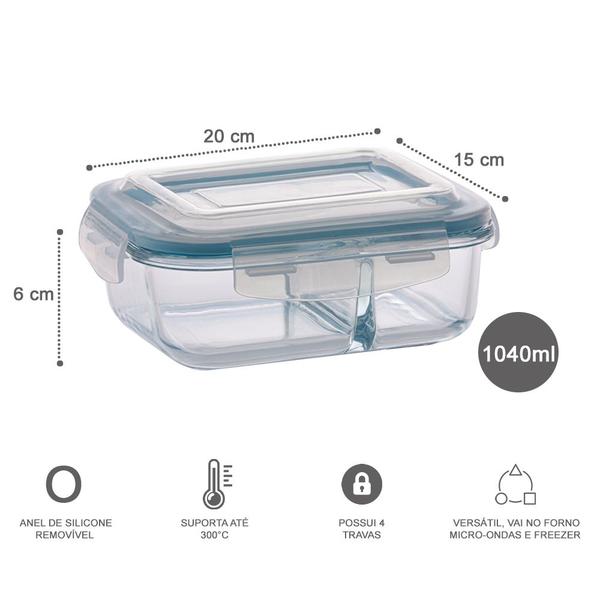 Kit 10 Potes de Vidro com Divisória Marmita 4 Travas 1040ml - QUALITY-HOUSE Imagem de Kit 10 Potes de Vidro com Divisória Marmita 4 Travas 1040ml