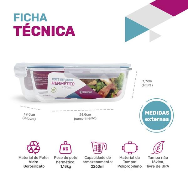 Imagem de Kit 10 Potes de Vidro Retangular com Tampa Hermética 2260ml