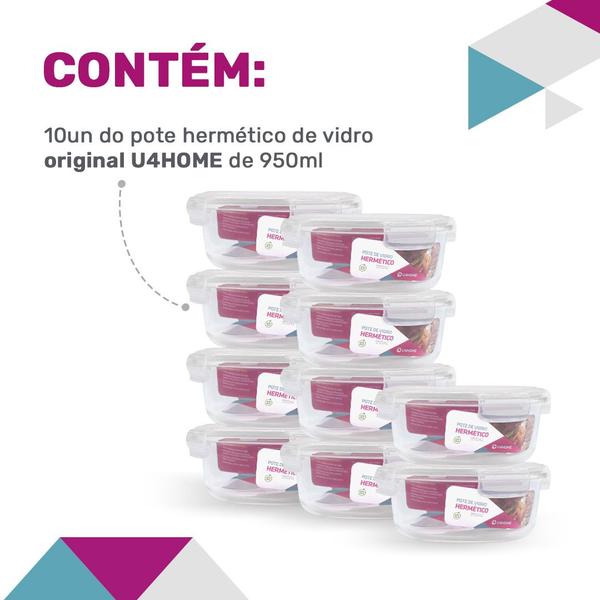 Imagem de Kit 10 Potes Hermético Redondo De Vidro Com 4 Travas 950ml