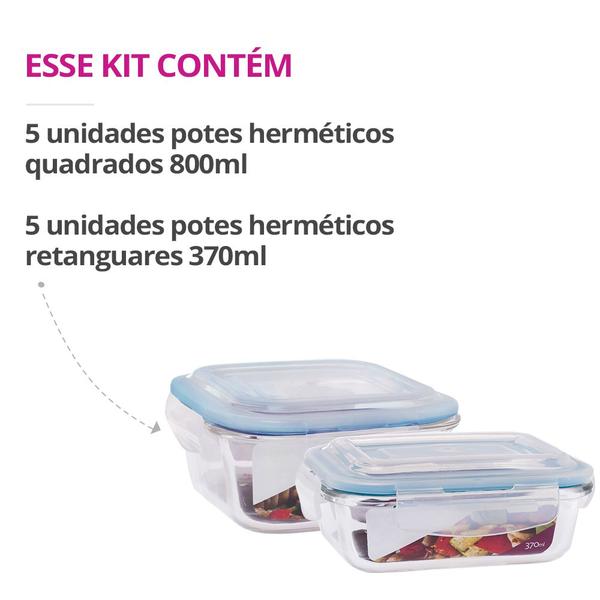 Imagem de Kit 10 Potes Herméticos Marmita Vidro Papinha 370ml e 800ml