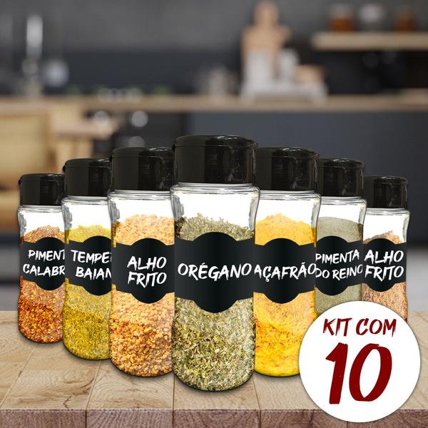 Imagem de Kit 10 Potes T130 Tempero Cozinha + Etiquetas + Caneta Giz