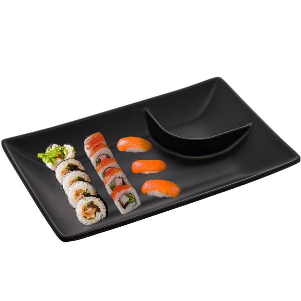 Imagem de Kit 10 Pratos para Sushi com Molheira Melamina Pretos 19x12,5cm Lyor Tóquio Retangulares