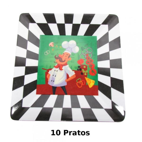 Imagem de Kit 10 Pratos Quadrado 24cm Melamina Plastico Ilustracao Xadrez e Cheff Verde  Fuxing 