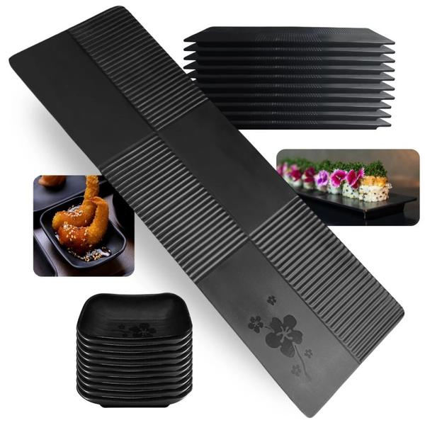 Imagem de Kit 10 Pratos Retos 33cm Kanpai + 10 Molheiras 50ml para Comida Oriental Sushi Japonesa em Melamina  Bestfer 