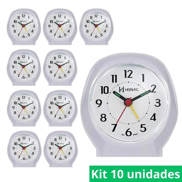 Imagem de Kit 10 Relógio Despertador Analógico Herweg Cabeceira Alarme Forte Alto Tradicional à pilha