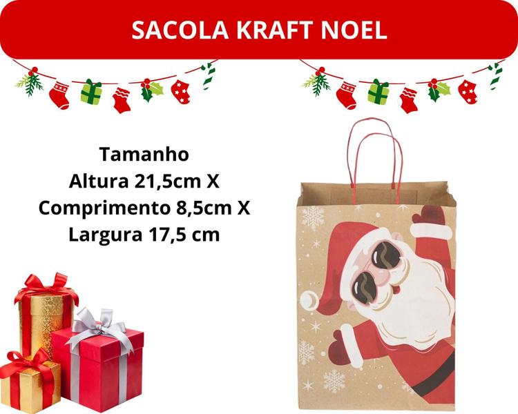 Imagem de Kit 10 Sacola Papel Kraft Papai Noel 17,5x8,5x21,5cm Natal