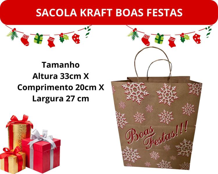 Imagem de Kit 10 Sacolas Papel Kraft Presente Natal 27x20x33 cm